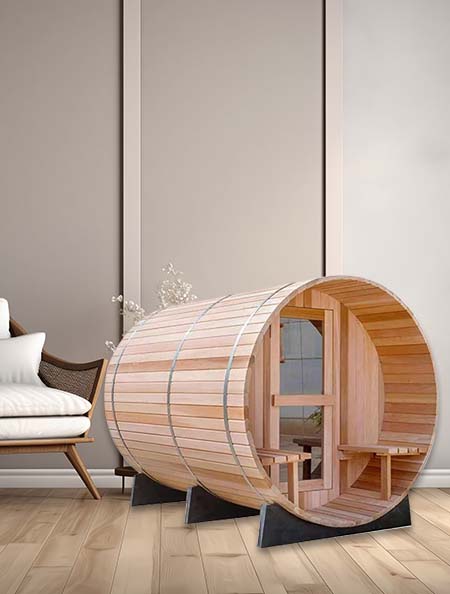 Sala de sauna con cubo de madera