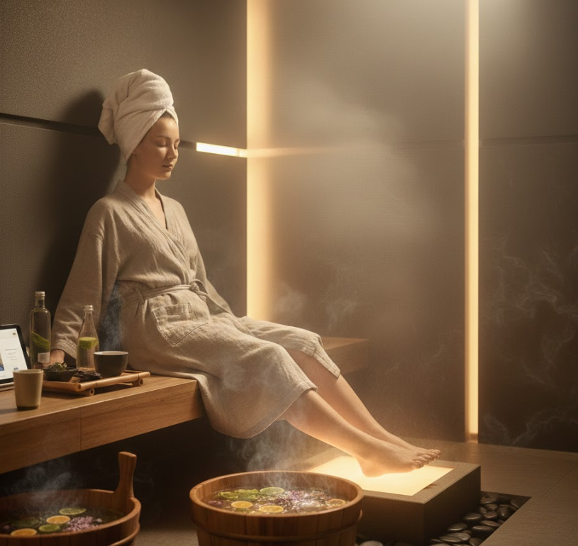 Una guía de bienestar profundo para el masaje de pies en una sala humeante