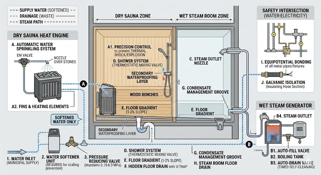 Planificación de sistemas de fontanería y análisis técnico para salas de sauna.