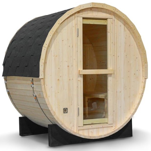 Sala de sauna con cubo de madera al aire libre